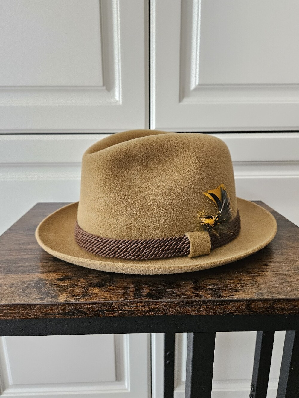 Vintage Dobbs Hunter Mt Camel Tan Fur Felt Fedora Braided Band Feather Americana